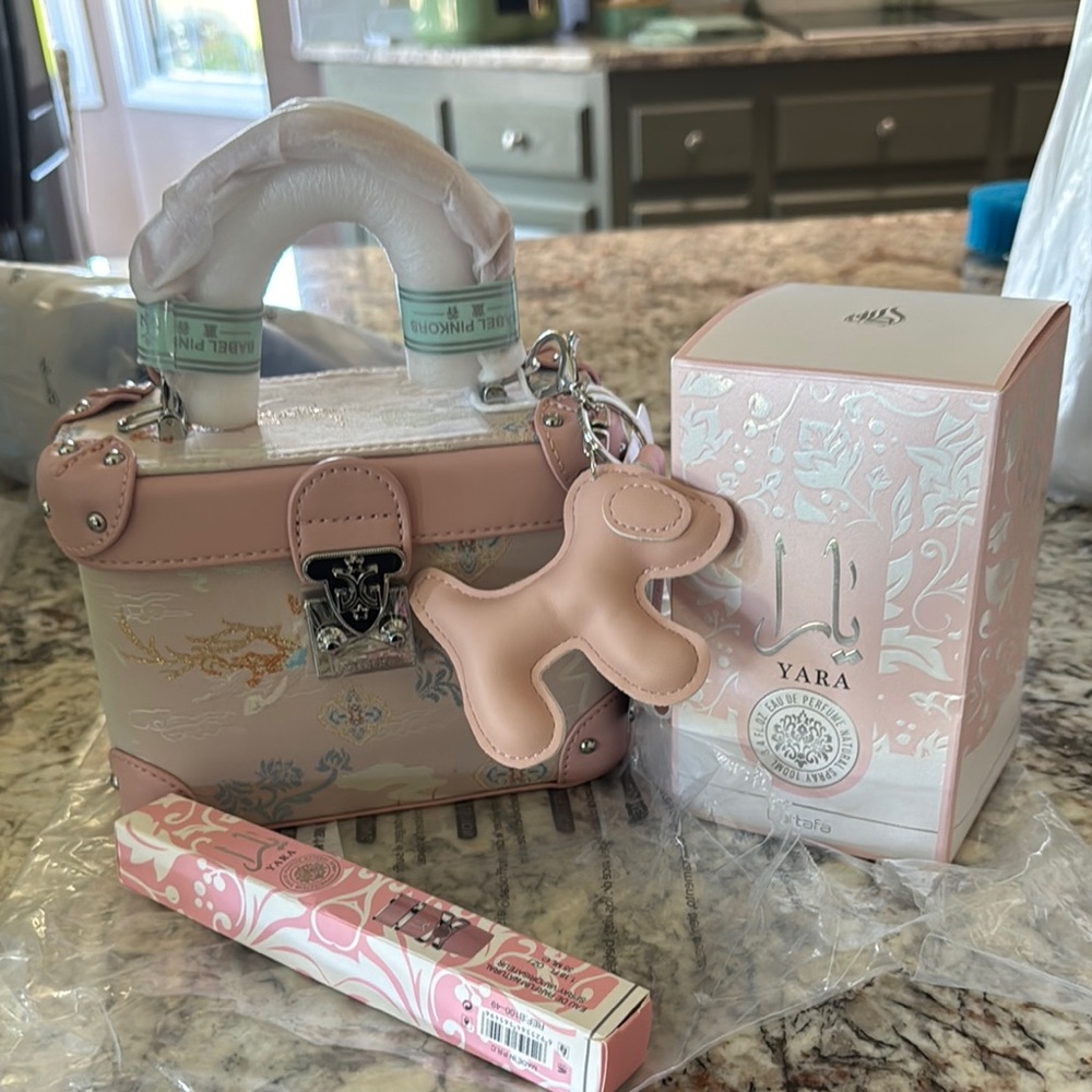 Pink and Cream Handbag with Dog Charm and Yara perfume by Lattafa crossbody